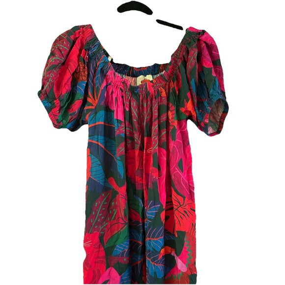 Farm Rio Off Shoulder Dress Coverup Anthropologie Tropical Leaf Tiered Siz M NEW - Picture 4 of 10